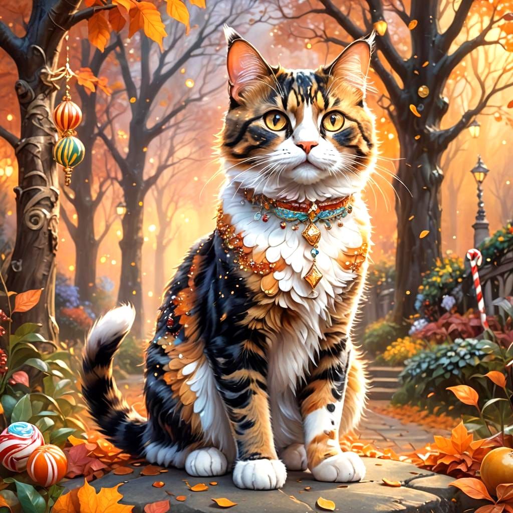 Mystical Jeweled Calico Cat in Autumn Fantasy