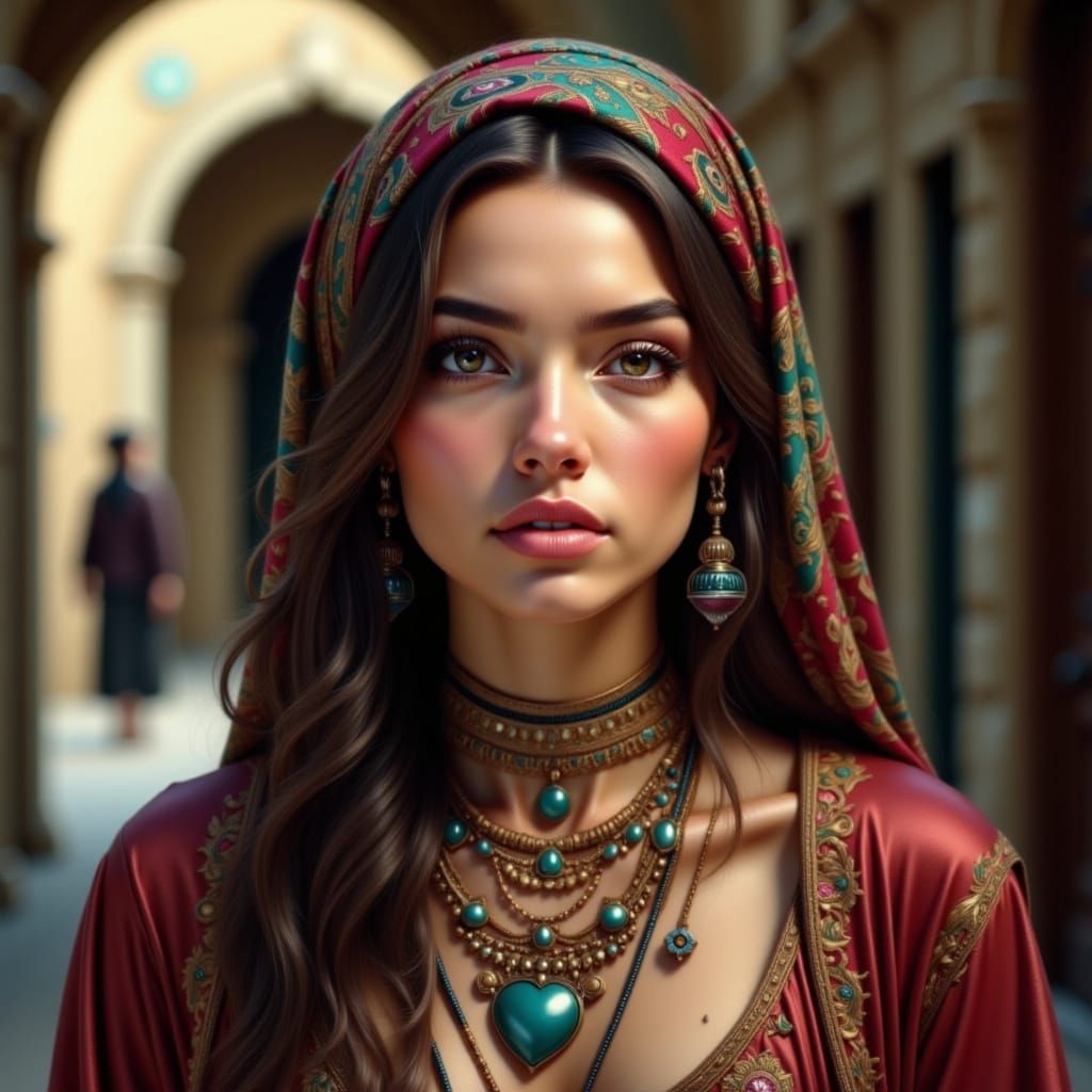 Bohemian Woman with Earthy Headscarf and Embroidered Garment