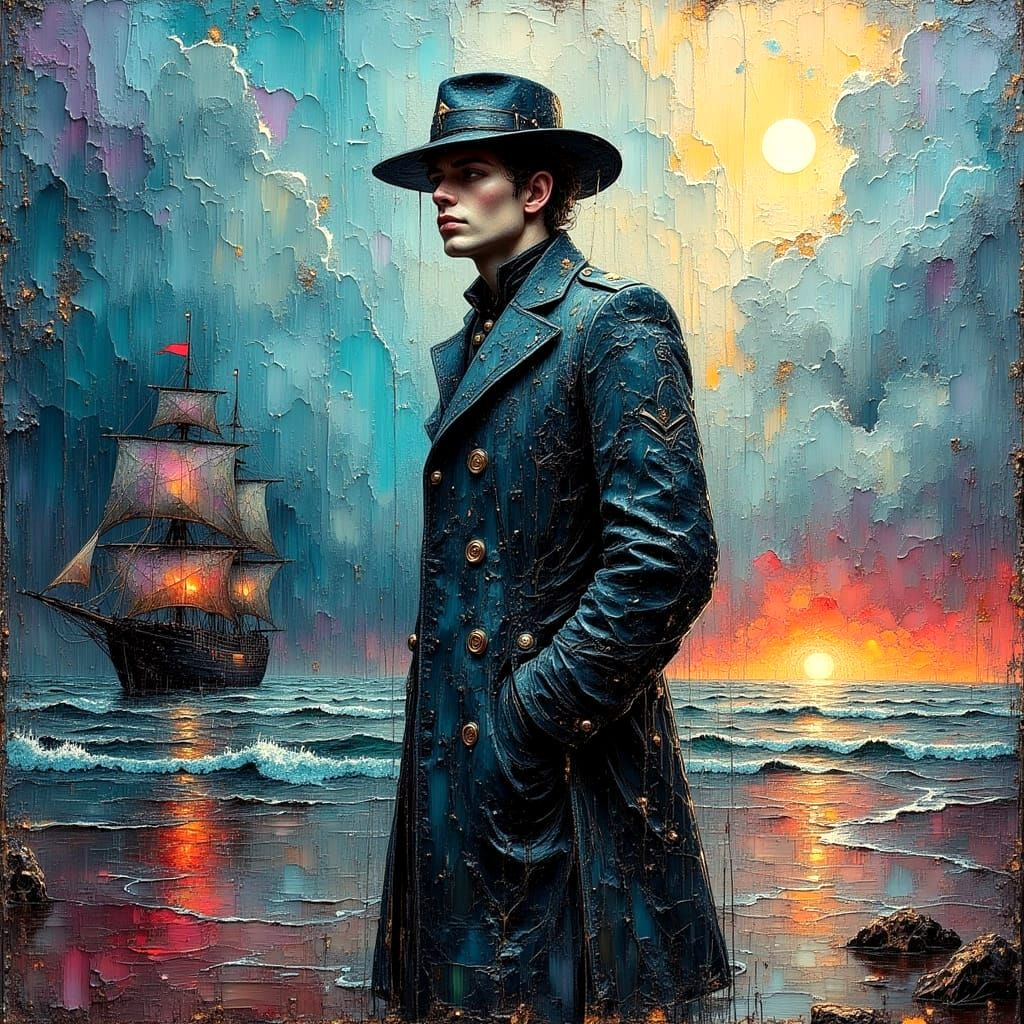 Textured Oil Painting: Handsome Captain in Rainy Weather