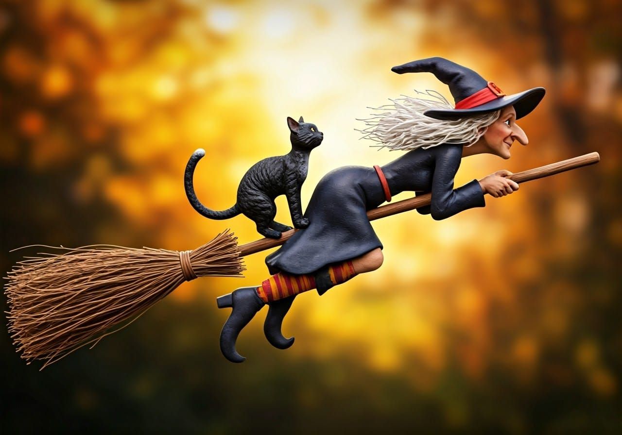 Whimsical Witch and Cat Soaring Through Autumn Landscape