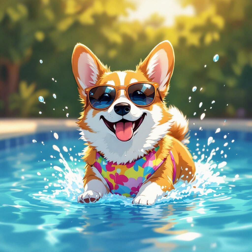 Joyful Corgi Splashing in Pool in Anime Style