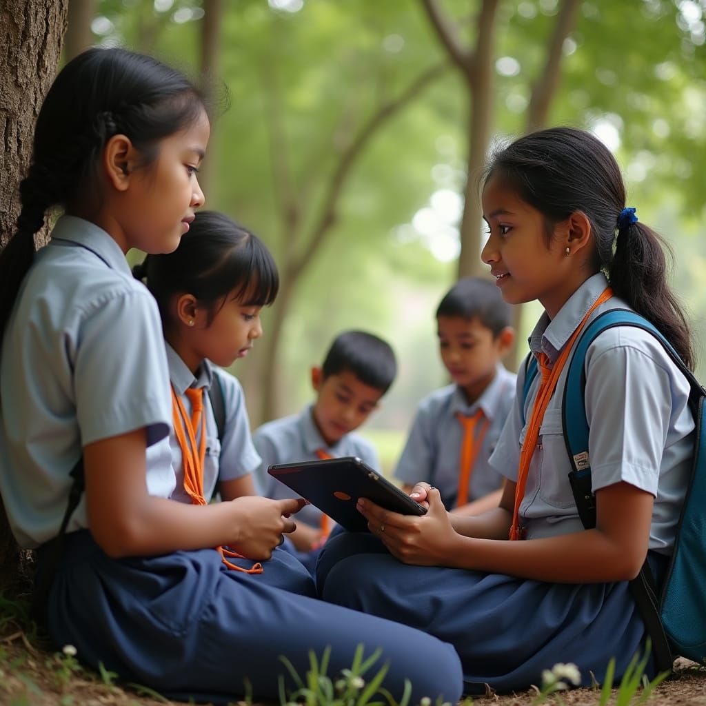 Schoolgirls Learning Under Tree in Bangladesh