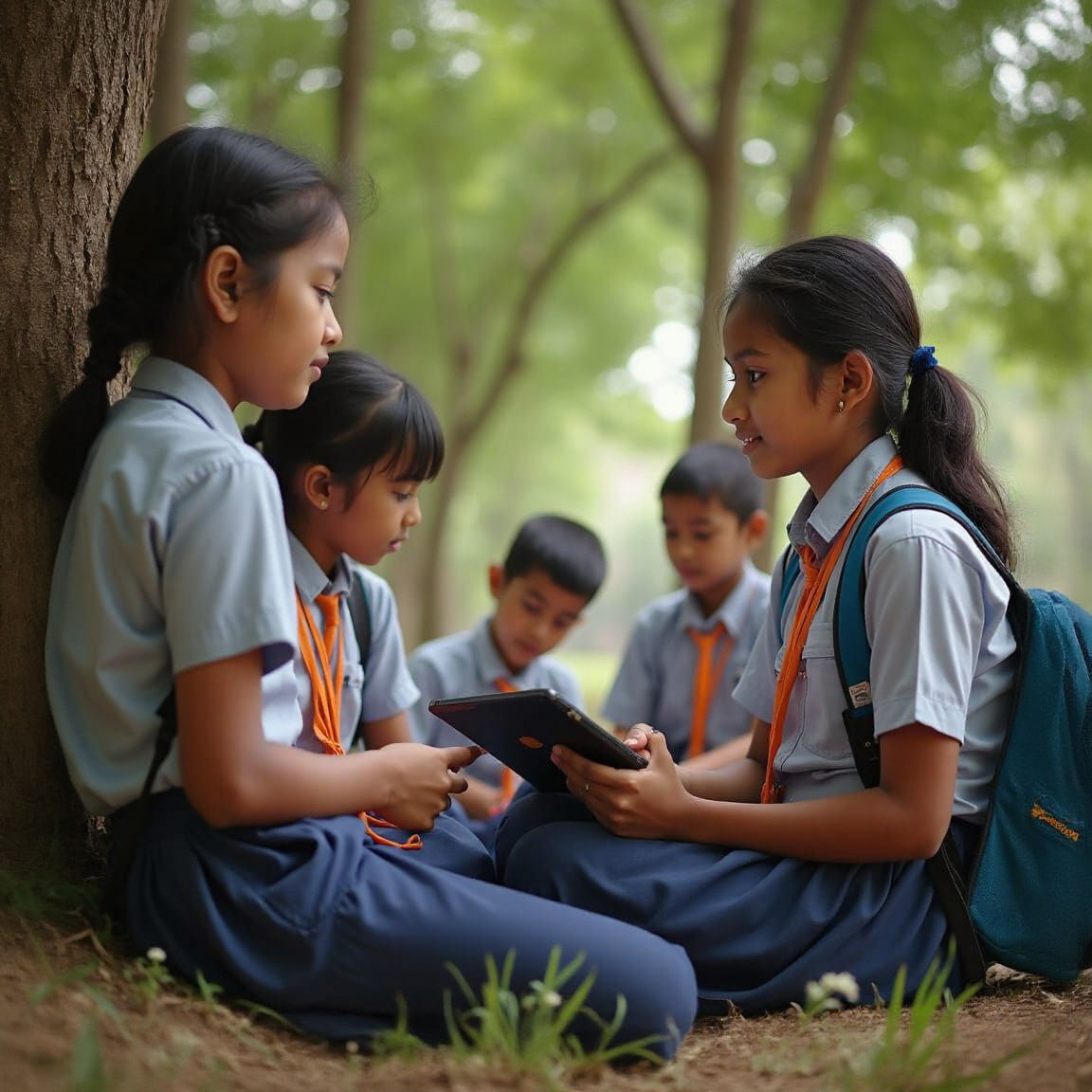 Bangladeshi Schoolgirls Learning Under a Tree