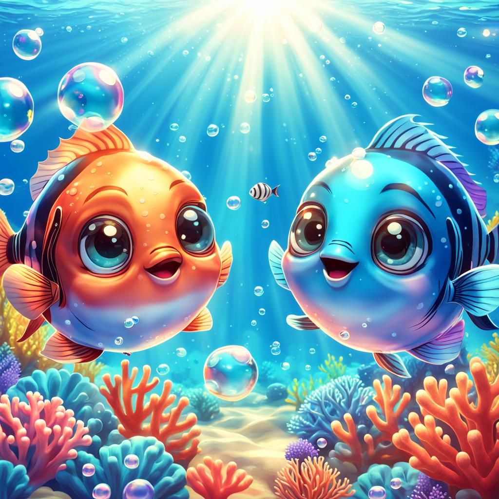 Two cute shiny chibi fish with happy faces swimming in a shiny coral reef. The sun's rays reach down through the surface...