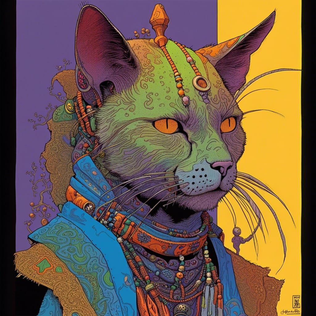 Punk Rock Cat Shaman Portrait in Ligne Claire Style