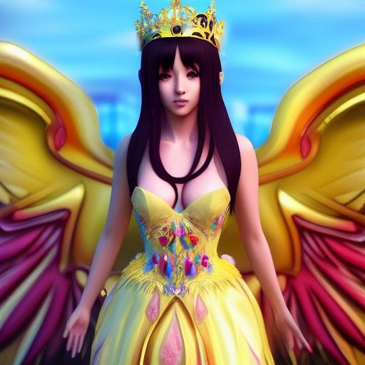 Anime Young Queen with Wings in Hyperrealistic Style
