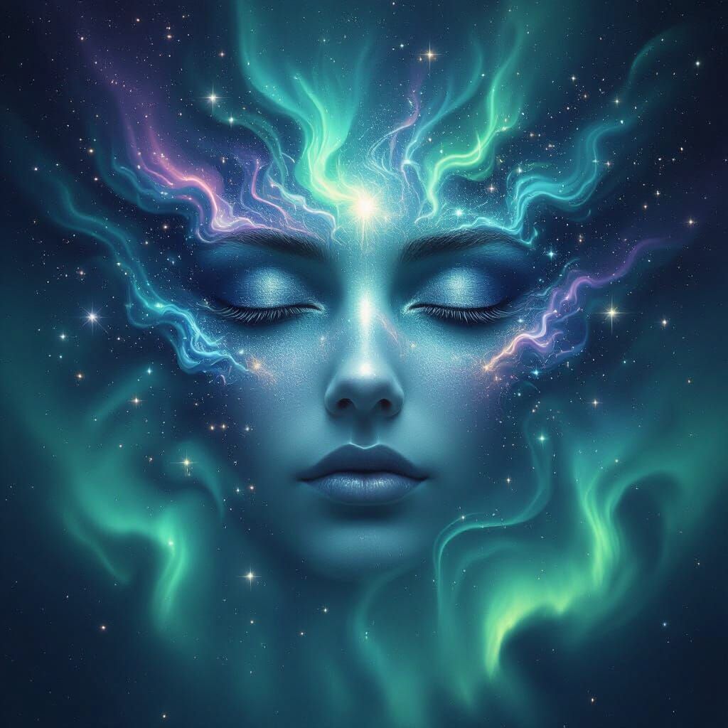 Ethereal Goddess Face Formed by Cosmic Stars and Aurora Bore...