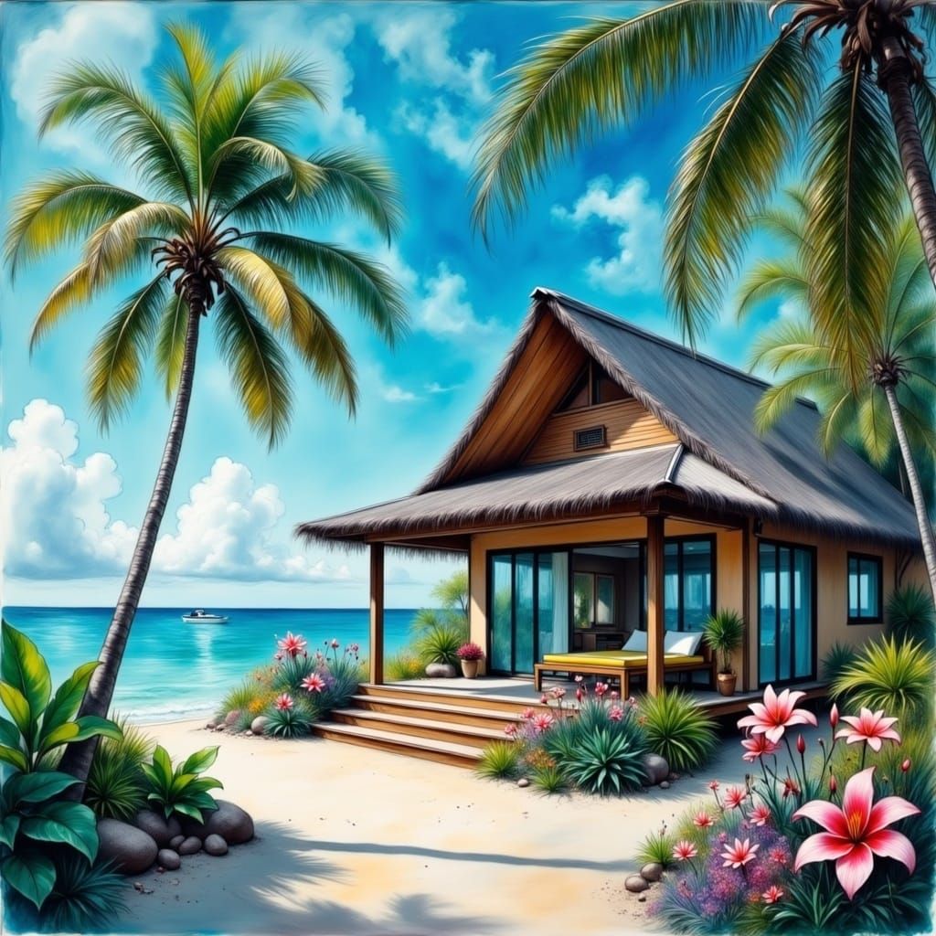 Tropical Beach House by Teal Sea: Watercolor Art
