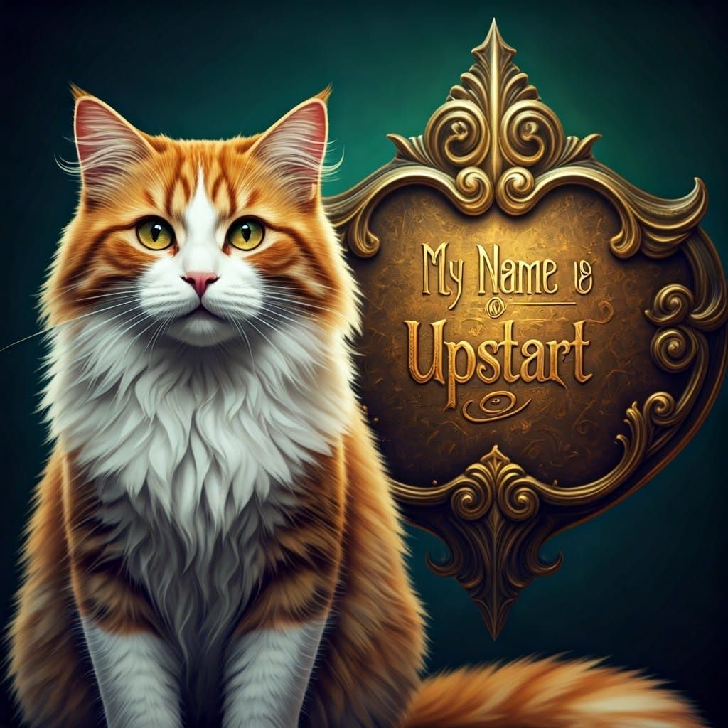 Regal Ginger Cat Beside Golden Sign with Cursive Script