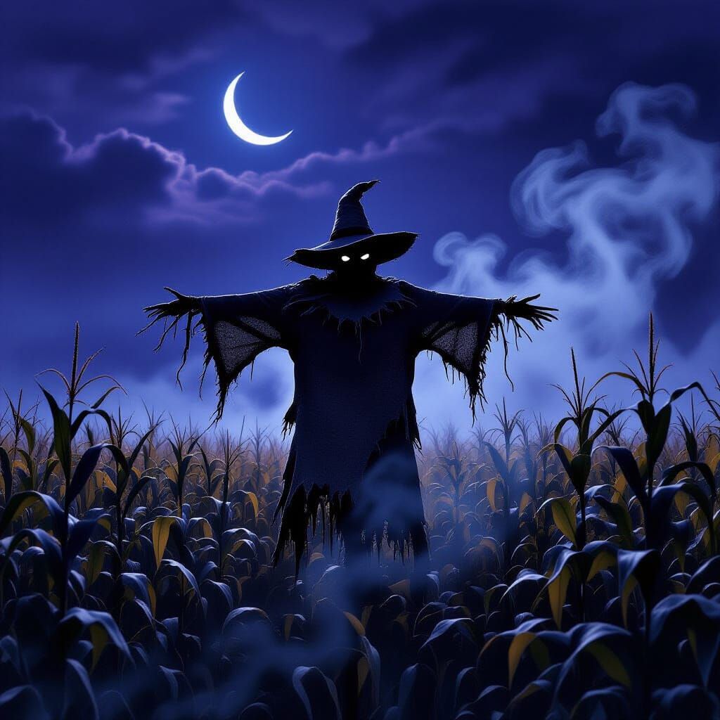 Ominous Scarecrow in Moonlit Gothic Horror Field
