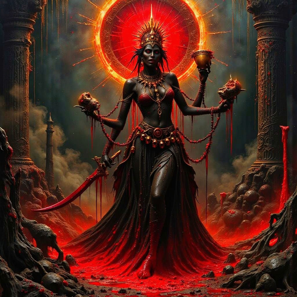 Goddess Kali-Ma Smashing Tower with Sword