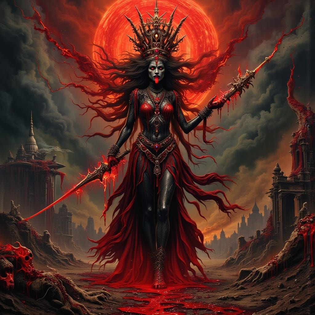 Kali-Ma Goddess Smashing Tower in Art Nouveau Punk Style