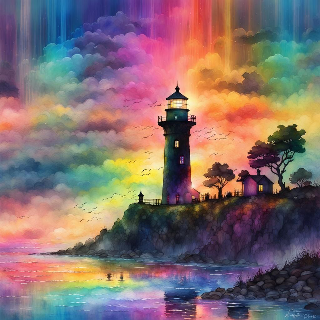 Rainbow Sunset Lighthouse Seascape in Watercolour Style