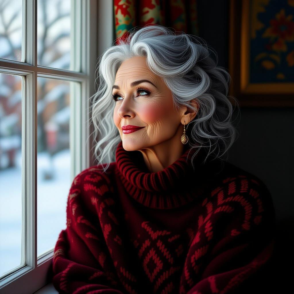 A dreamy portrait of a mature but nevertheless very attractive lady looking out of the window with a secret smile,
Grey ...