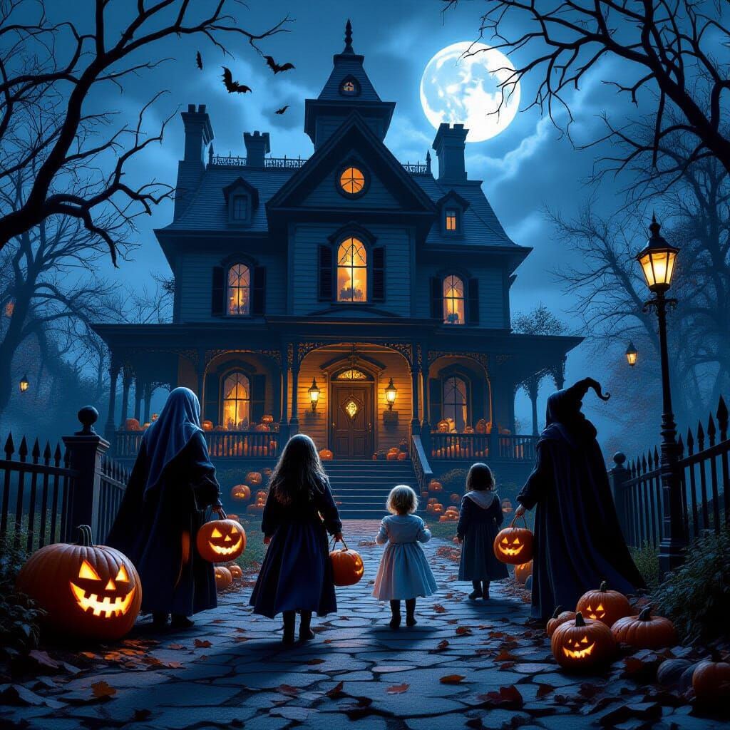 Spooky Halloween Night Trick-or-Treat Scene