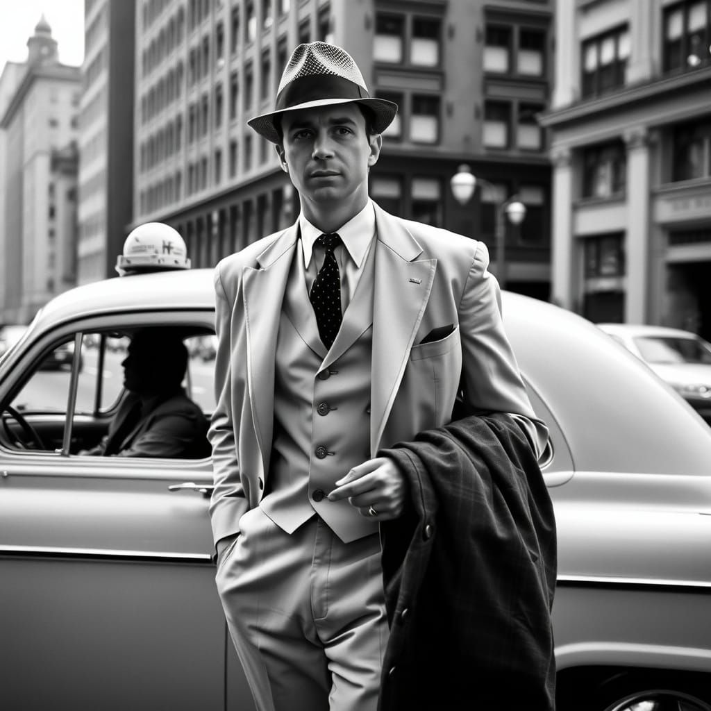 1950s Man in Suit Next to Taxi, Film Noir Style