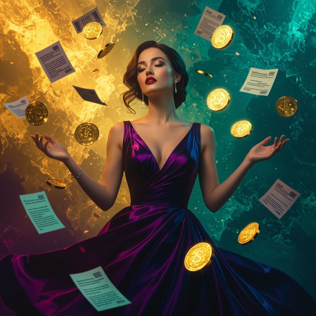 Woman Surrounded by Glowing Coins in Cinematic Style