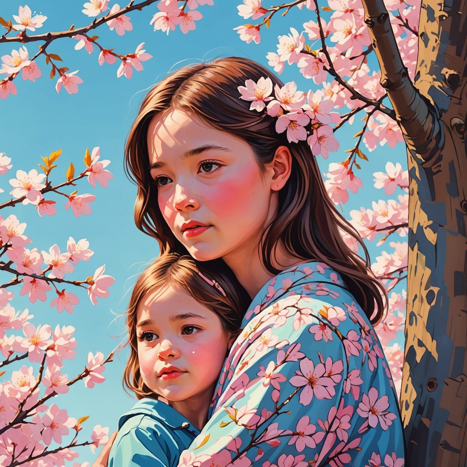 Mother and Daughter in Cherry Blossoms, Impressionistic Styl...