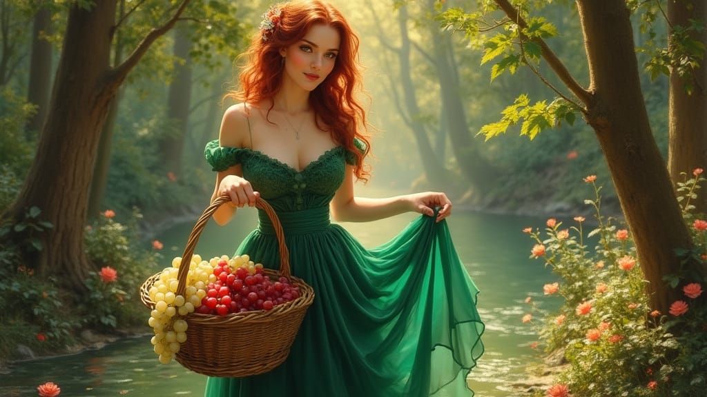 Victorian Lady in Emerald Skirt in Sunlit Forest