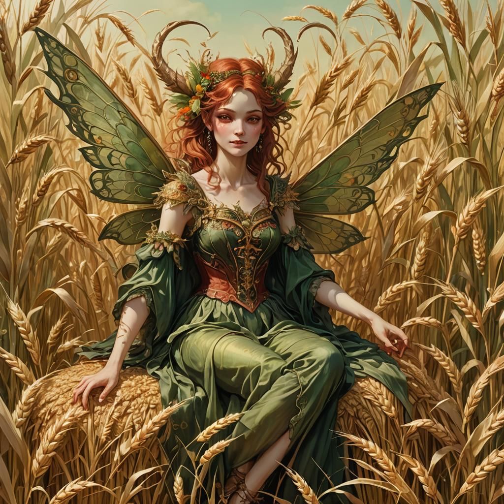 Demonic Fairy in Wheat Field, Victorian Style