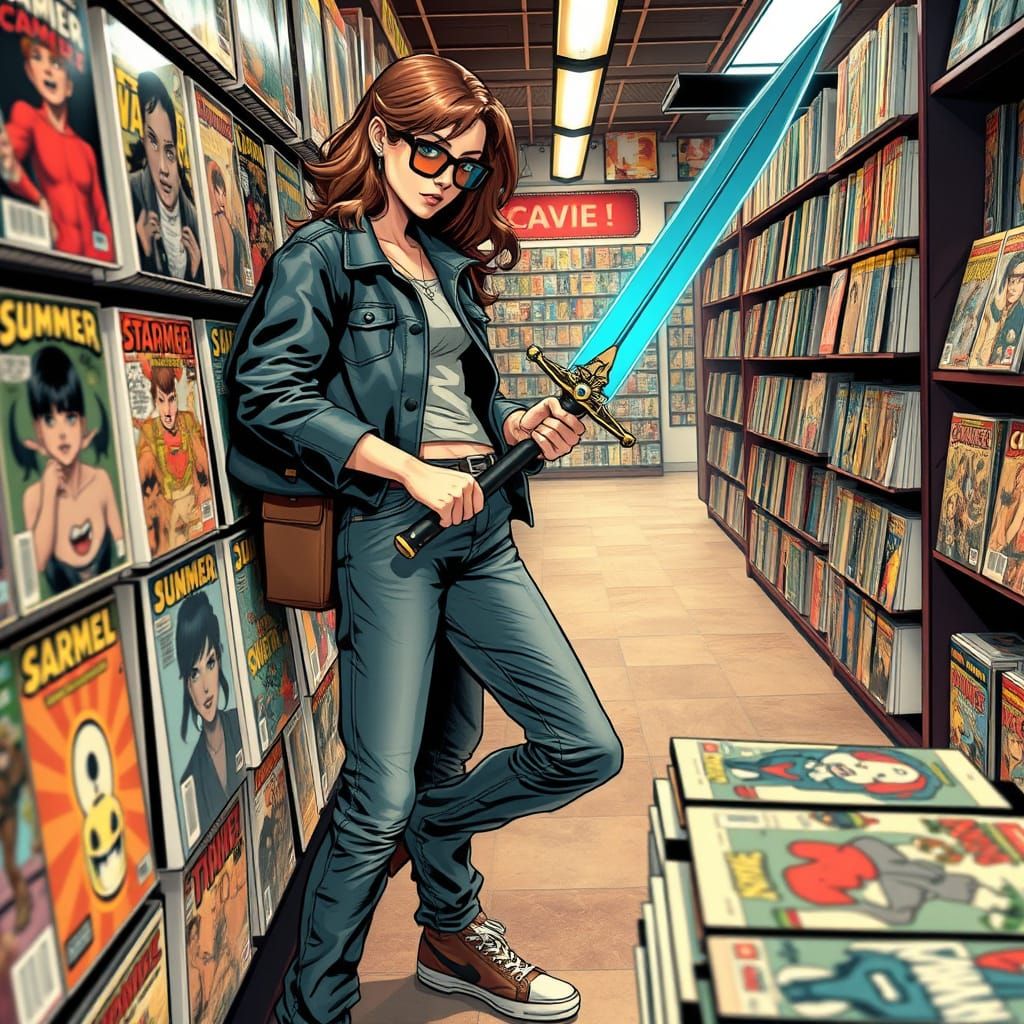 Comic Shop Woman Summons Blade in Futuristic Style