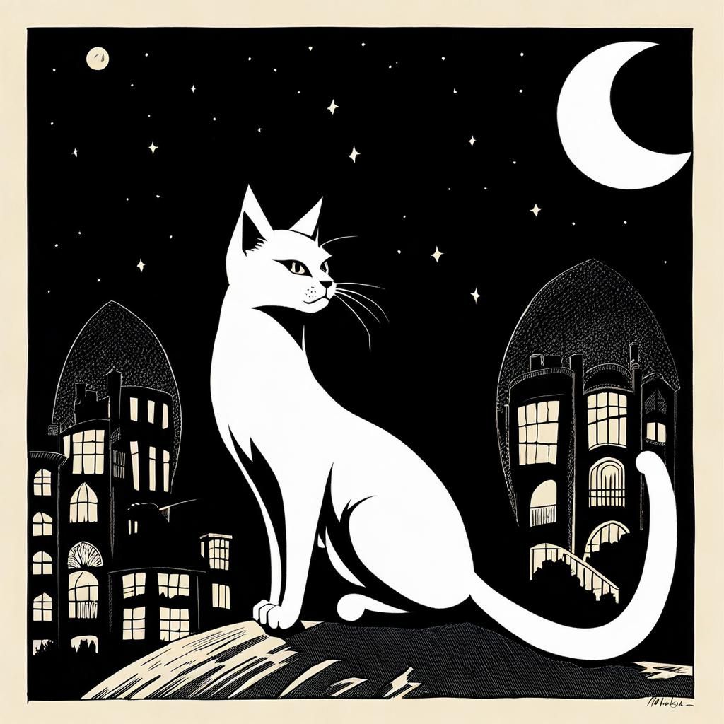 Moonlit Cat in Heavy Ink Style