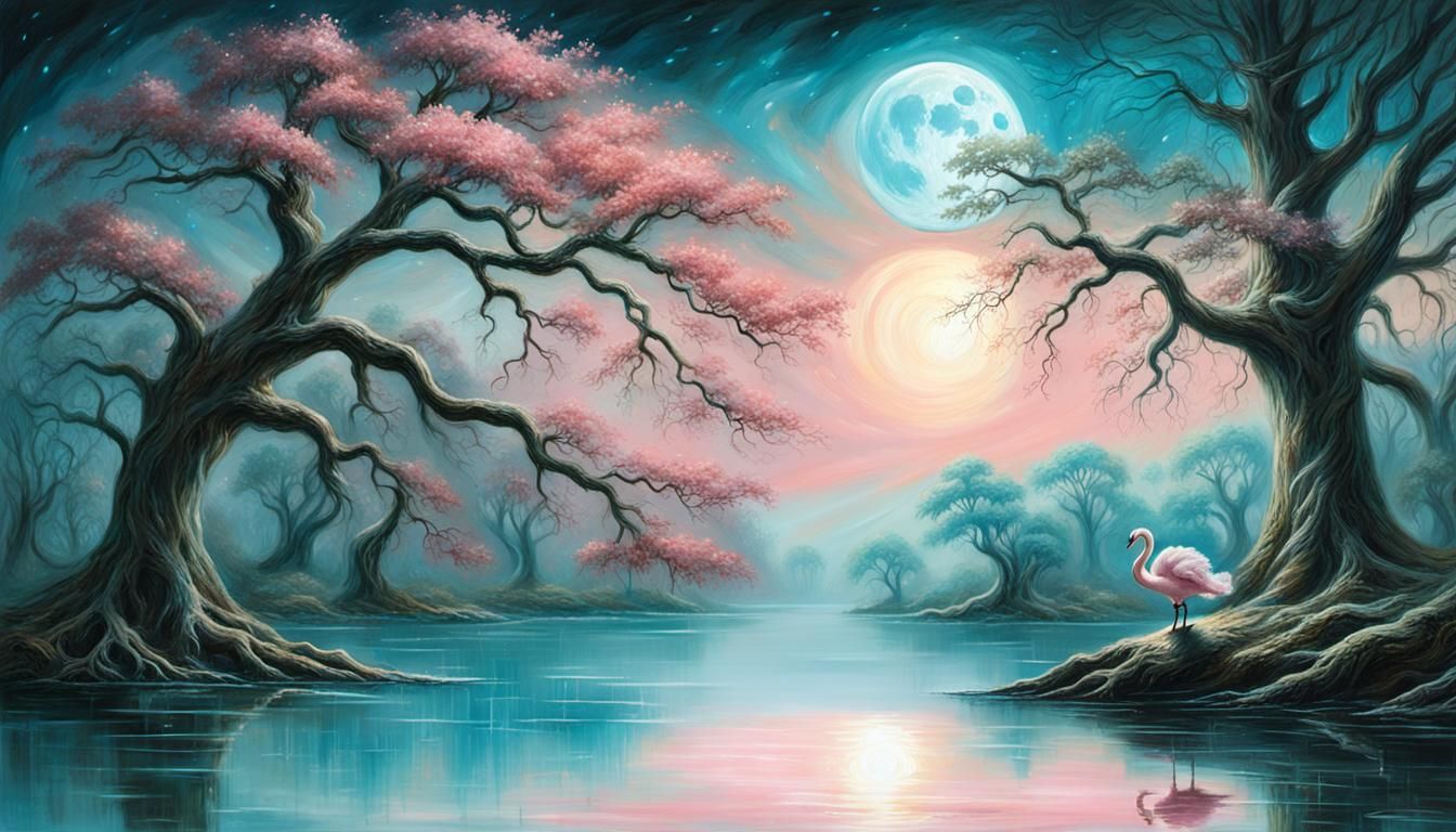 Pink Swan on Turquoise Lake Oil Painting