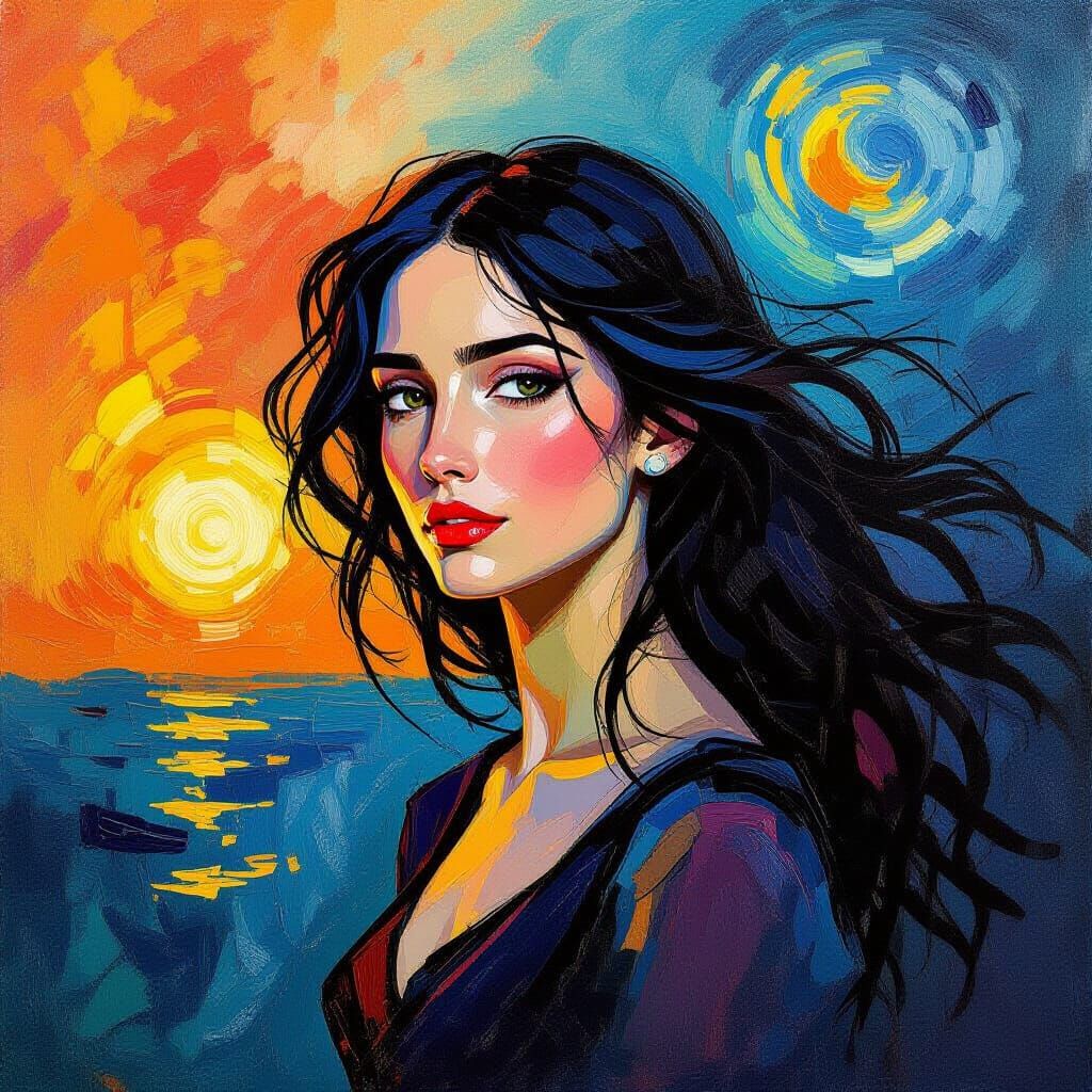 Woman on Precipice in Vibrant Impressionist Style