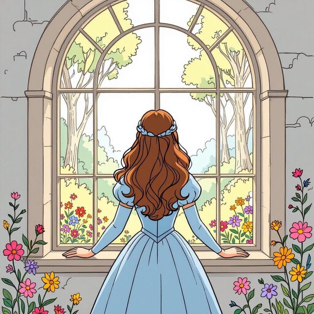 Princess Coloring Page Looking Out Arched Window