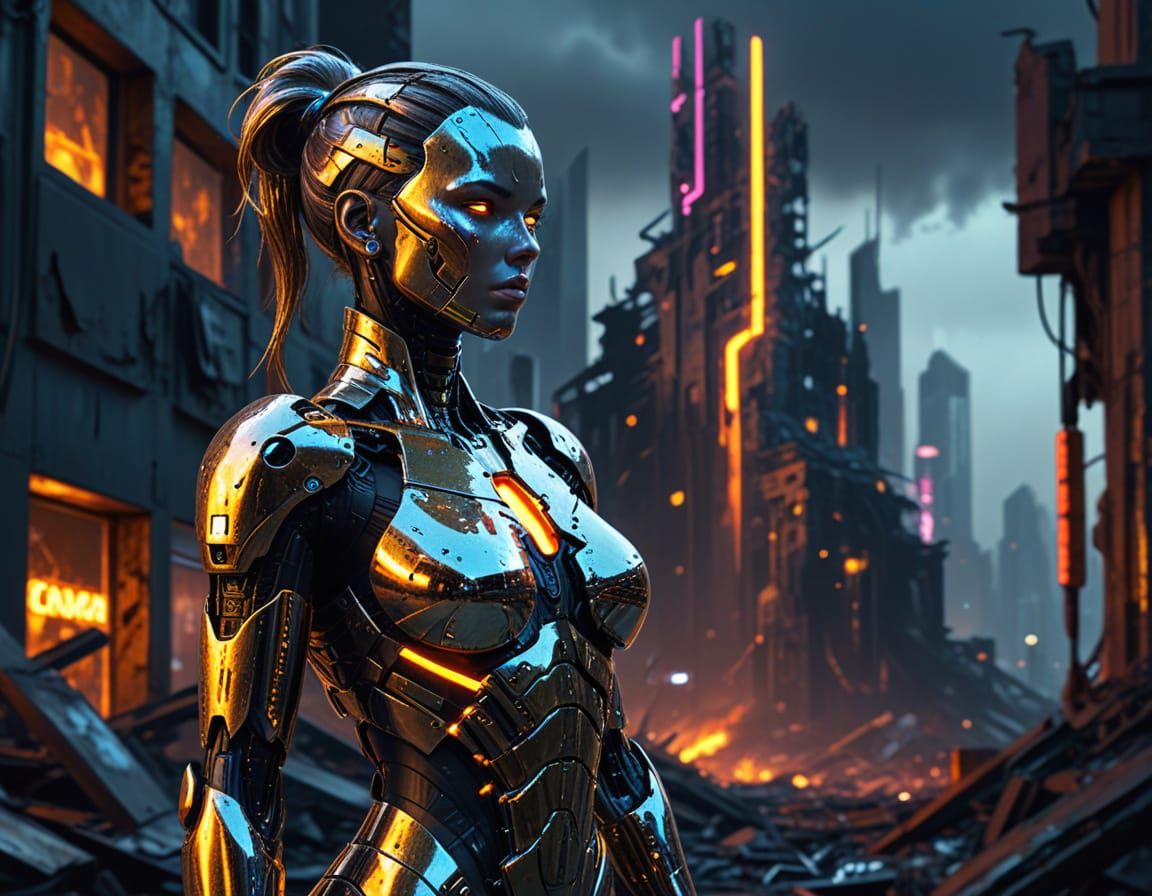 Cyberpunk Gynoid in Ruined Cityscape