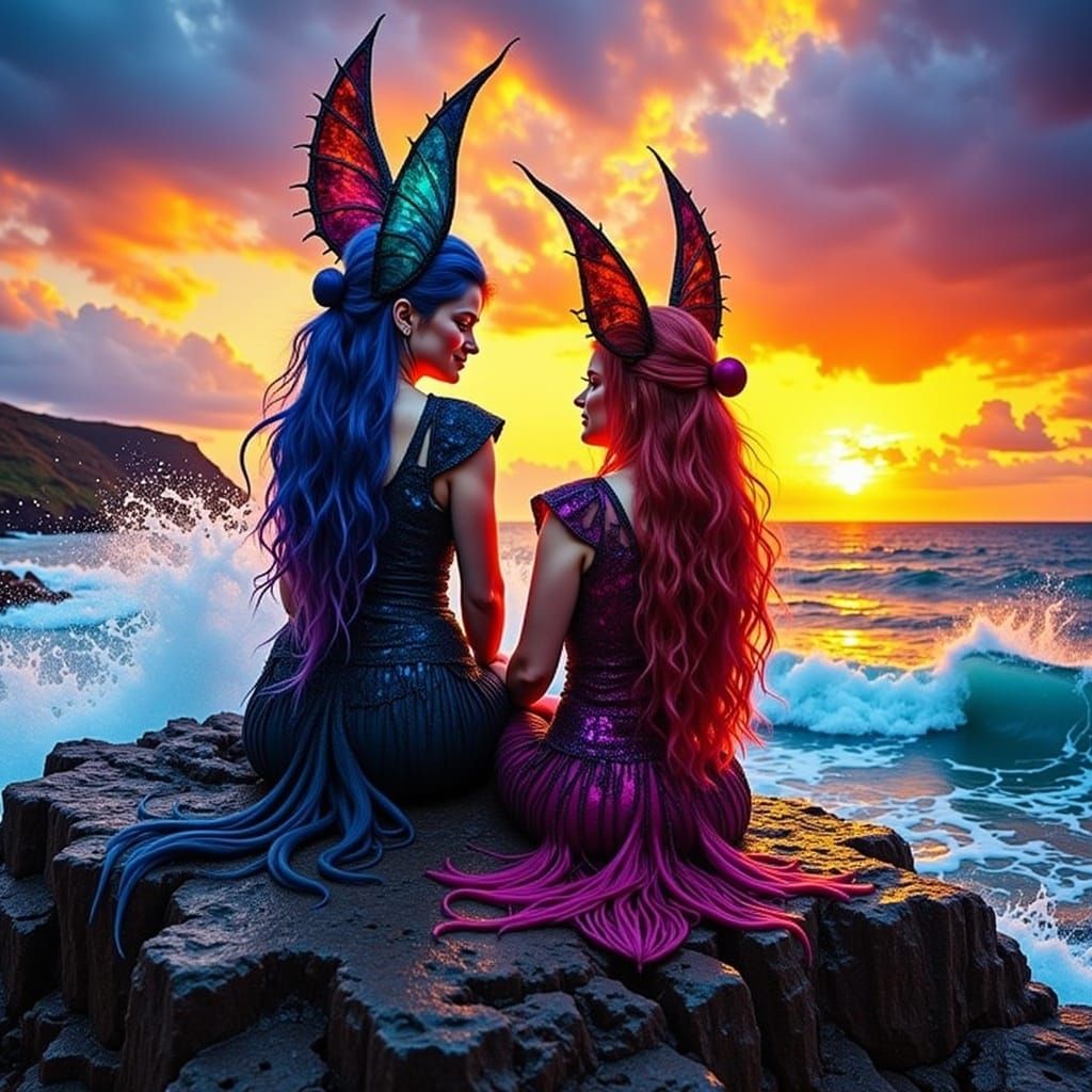 Irish Pixies on Jagged Rocks at Sunset