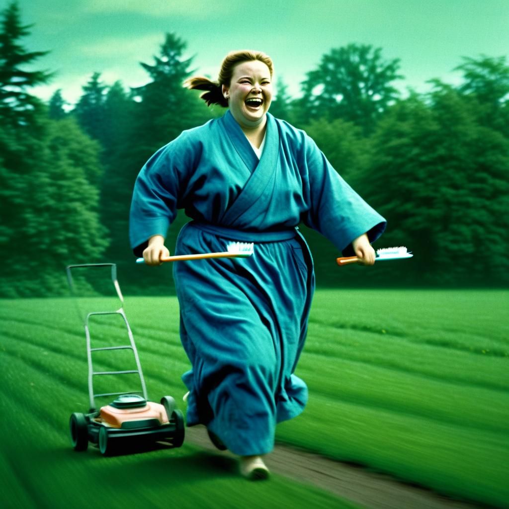 Joyful Woman Running with Toothbrush and Lawnmower