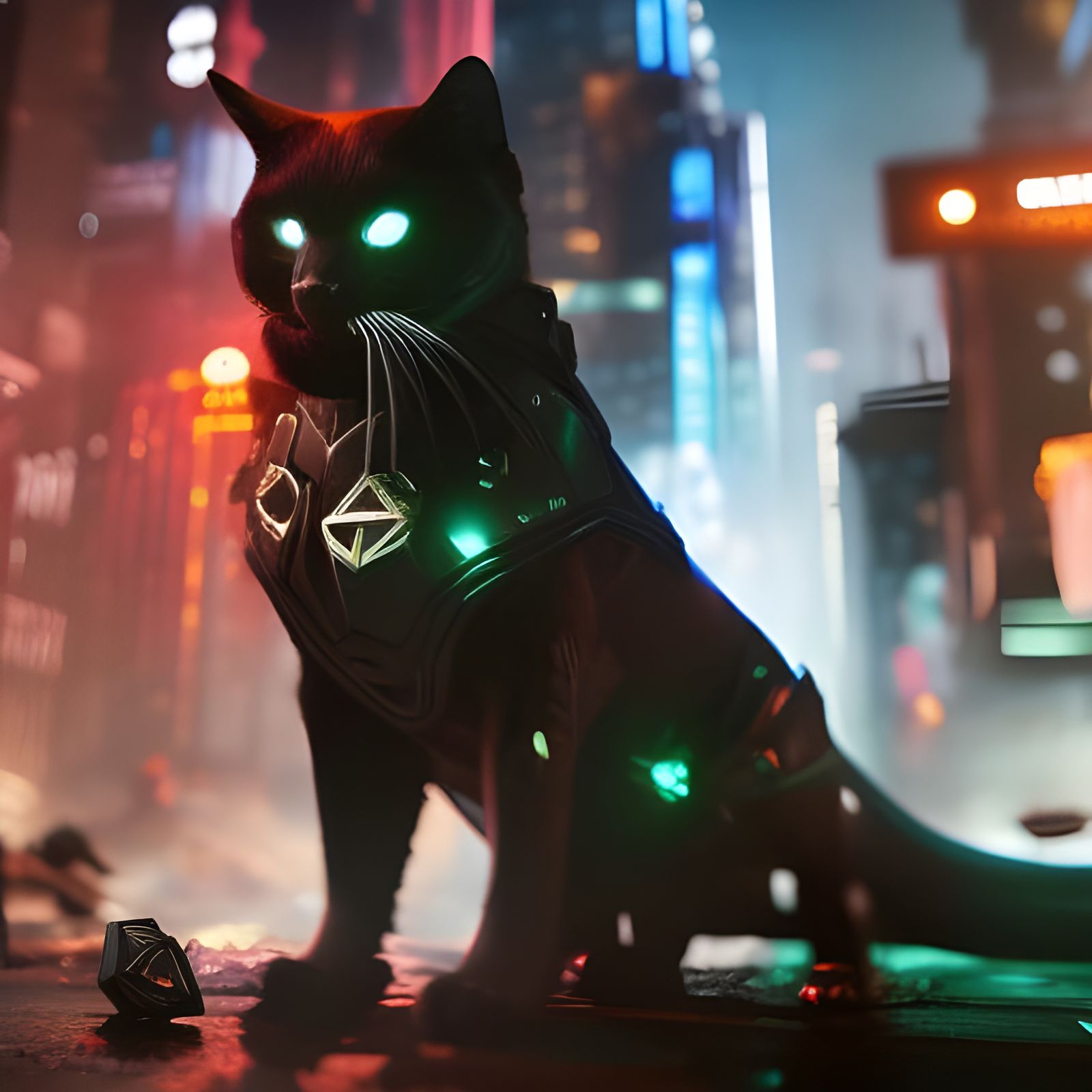 Cyberpunk Black Cat in Industrial Cityscape