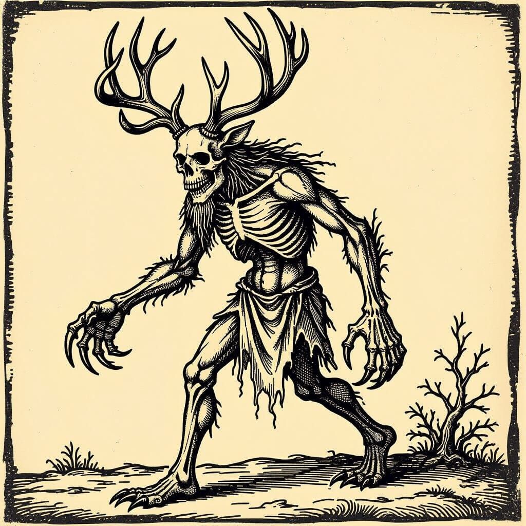 Terrifying Leshy Creature in Medieval Woodcut Style