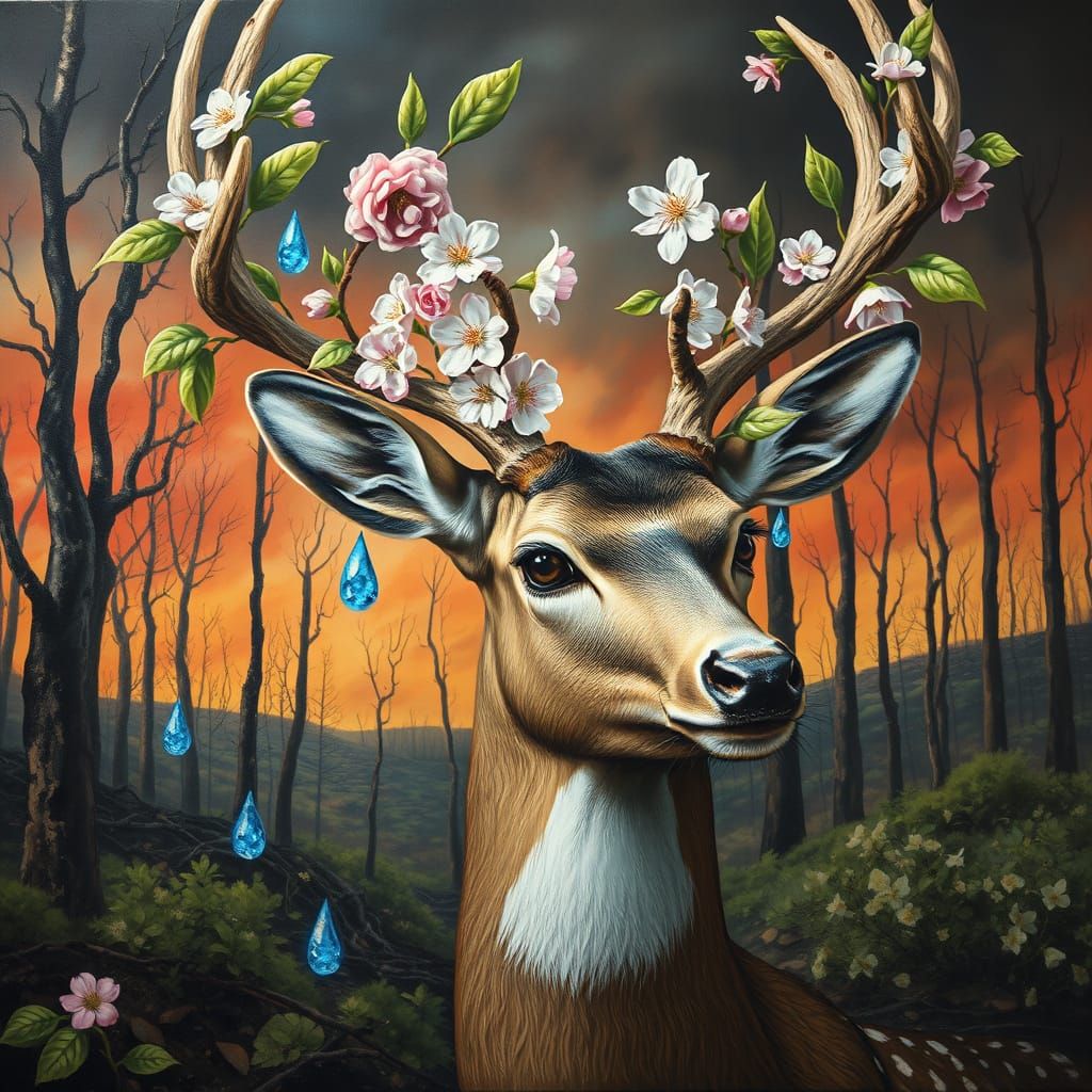 Deer With Blossoms in Fire-Ravaged Forest