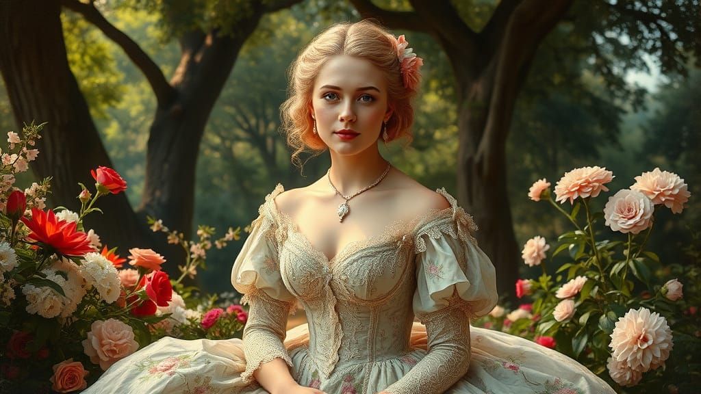 Elegant Victorian Noblewoman in a Lush Garden, Oil Painting