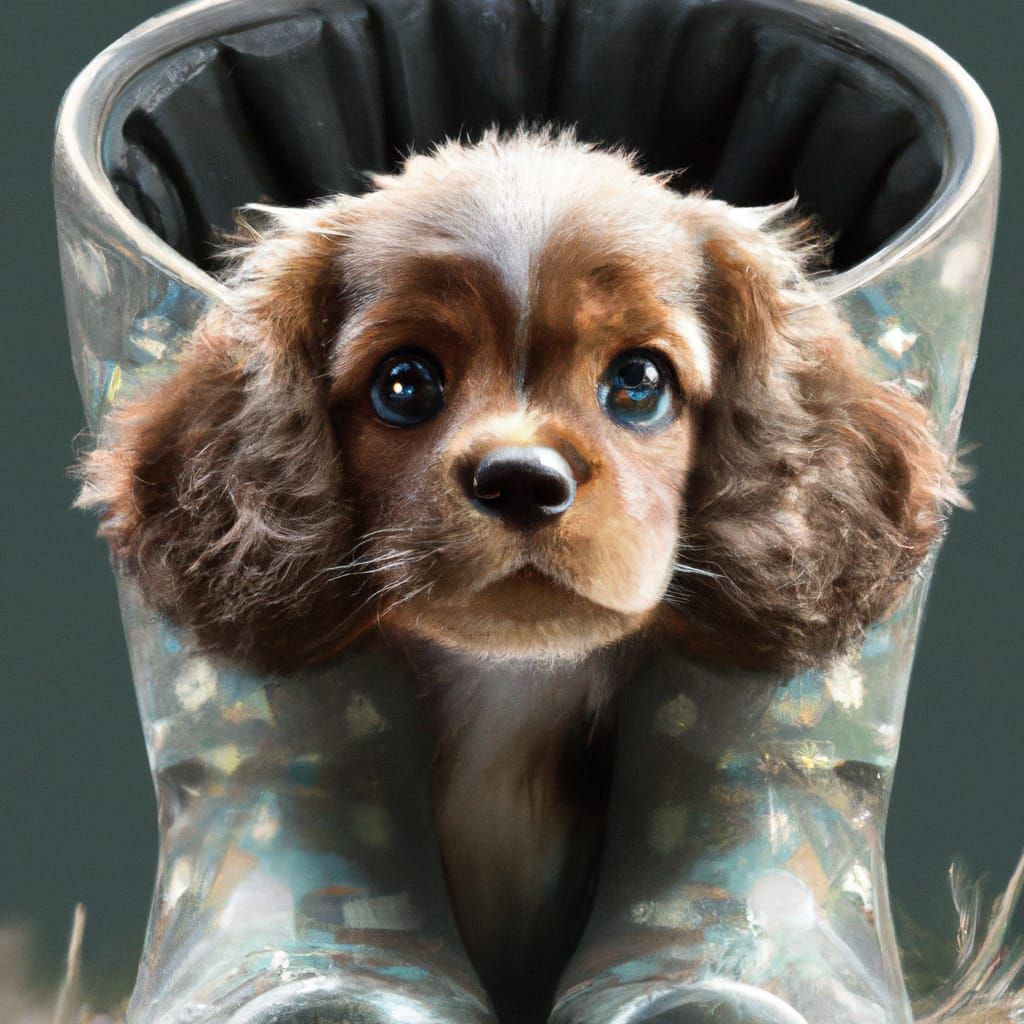 Cute Spaniel Puppy in Boot: Digital Art Portrait