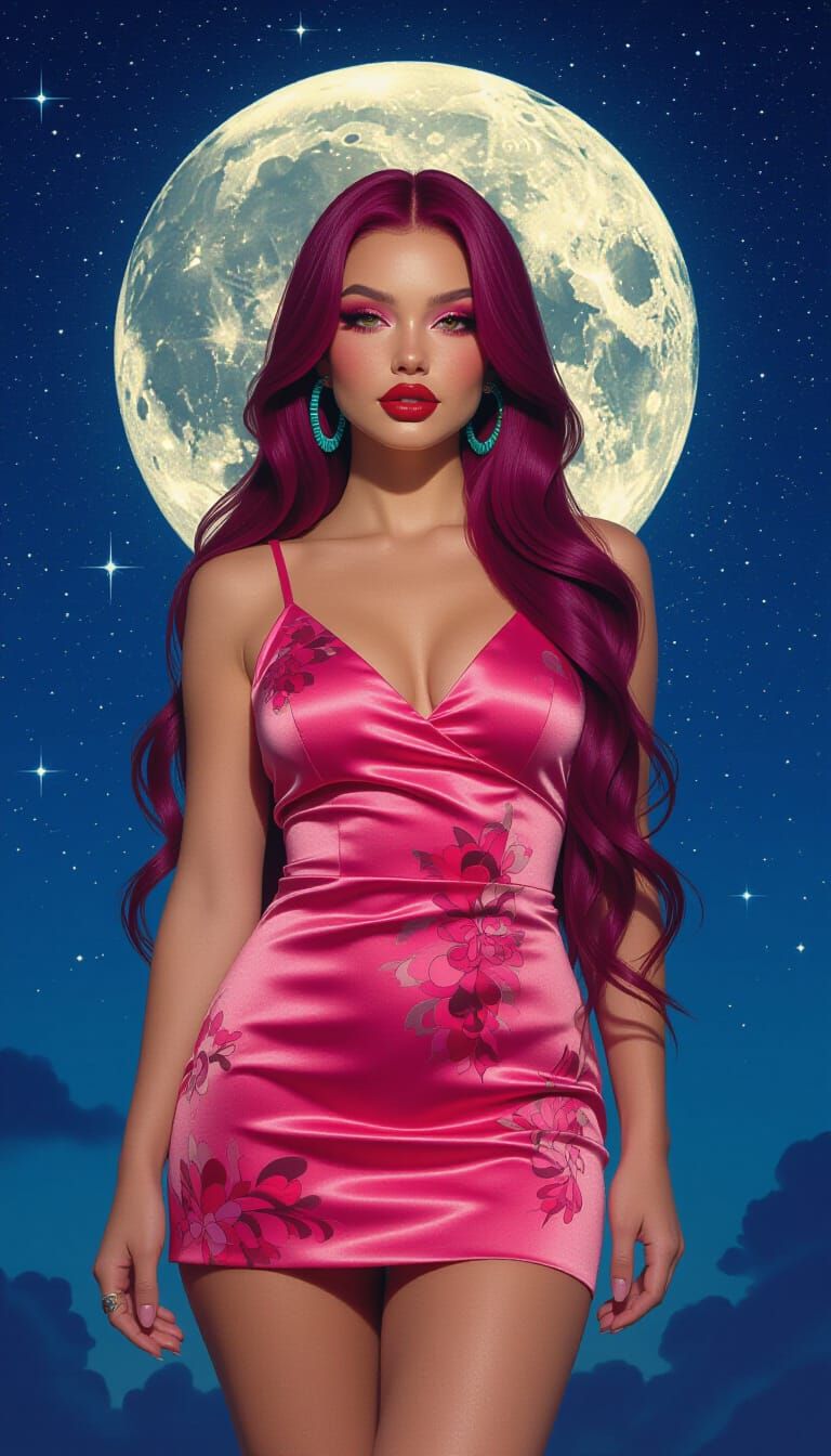 Burgundy Haired Woman Posing Under Starry Sky as 3D Art