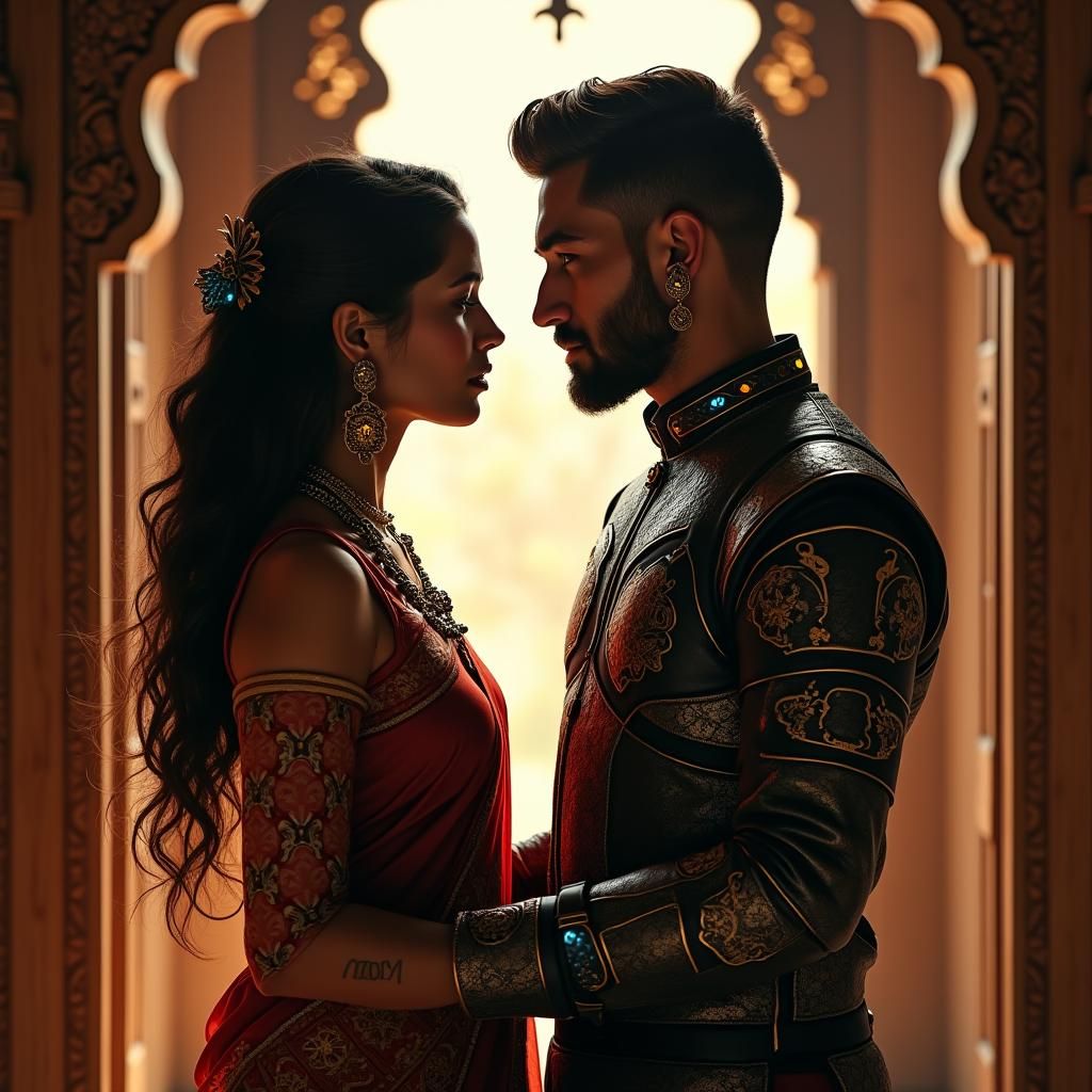 Cyberpunk Couple Comforting Each Other by Ornate Window