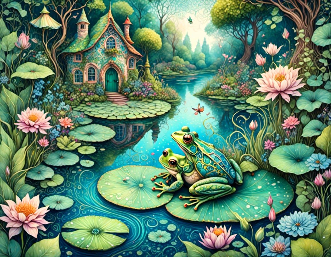whimsical frog in a lily pond
