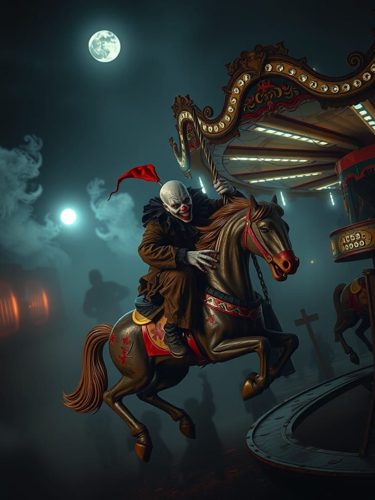 Demonic Clown Rides Carousel in Apocalyptic Horror
