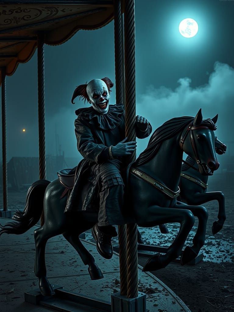 Demonic Clown Plays on Abandoned Carousel