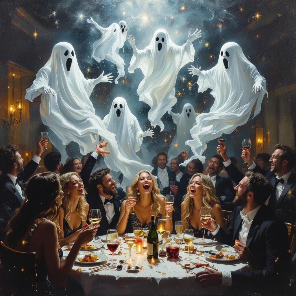 Ghosts at a New Year's Party: Hyperrealistic Oil Painting