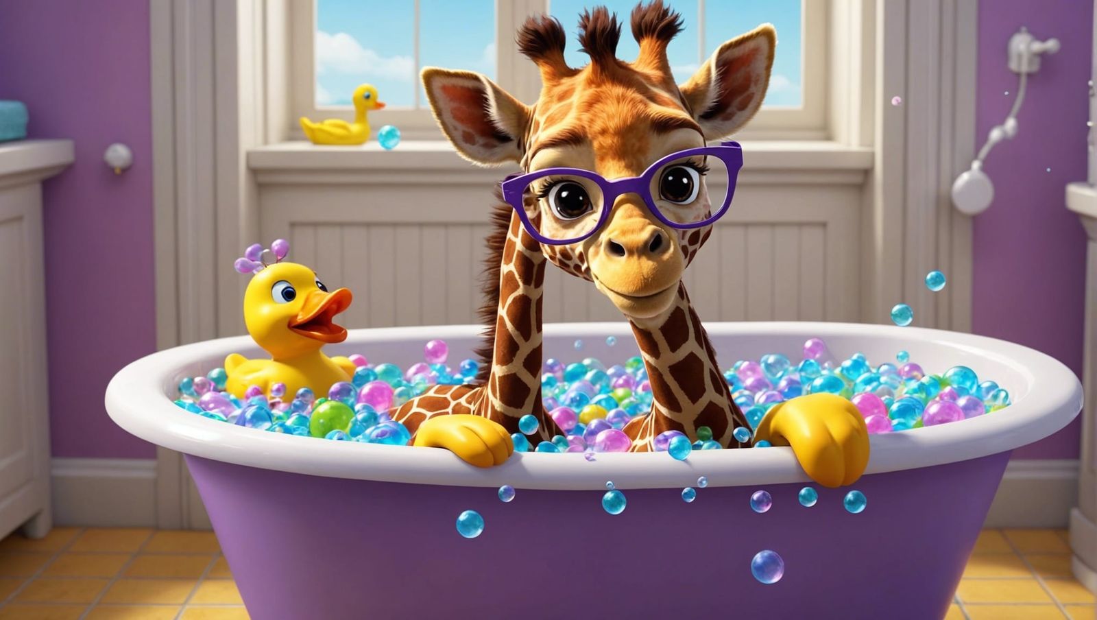 Humorous Baby Giraffe in Tub: Pixar Cartoon
