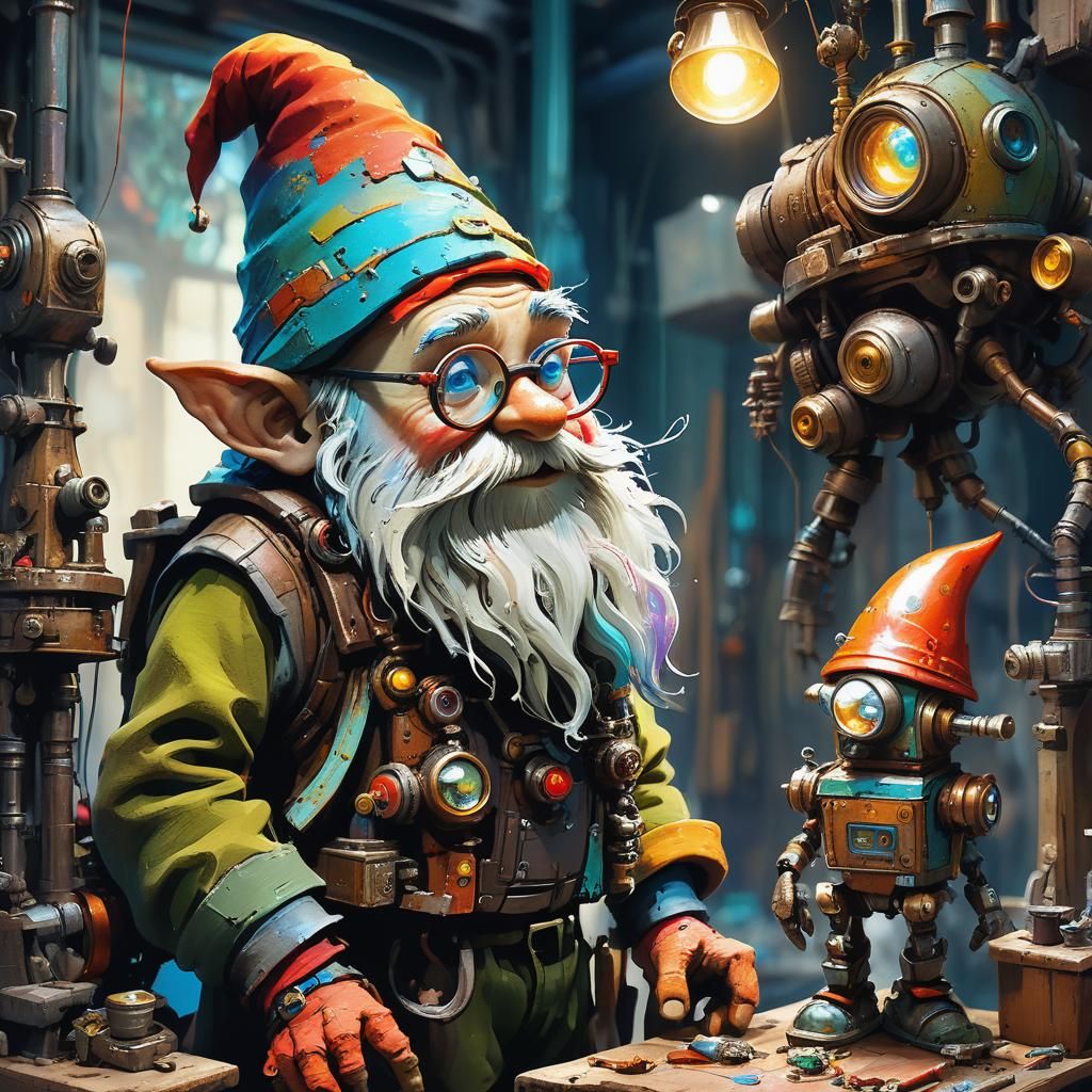 Gnome Tinkerer Inspects Walking Robot in Workshop