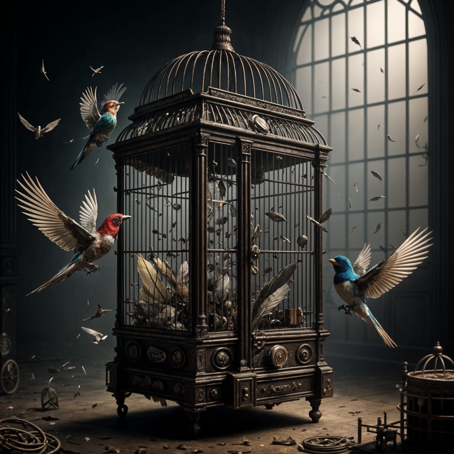 Empty Birdcage with Open Door and Scattered Feathers