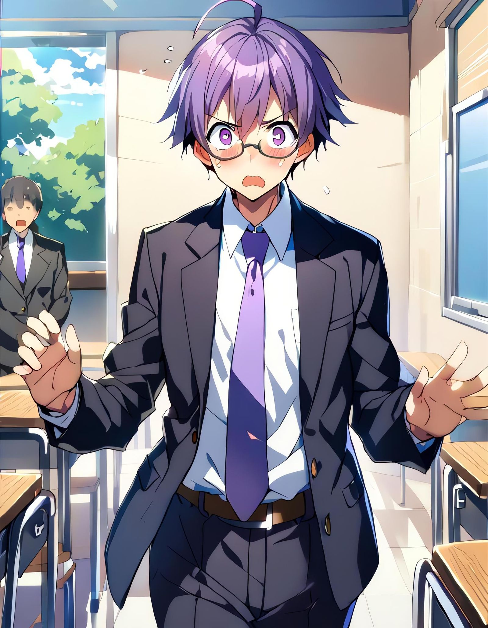 Shocked Anime Boy in Classroom, Cel Shading Style