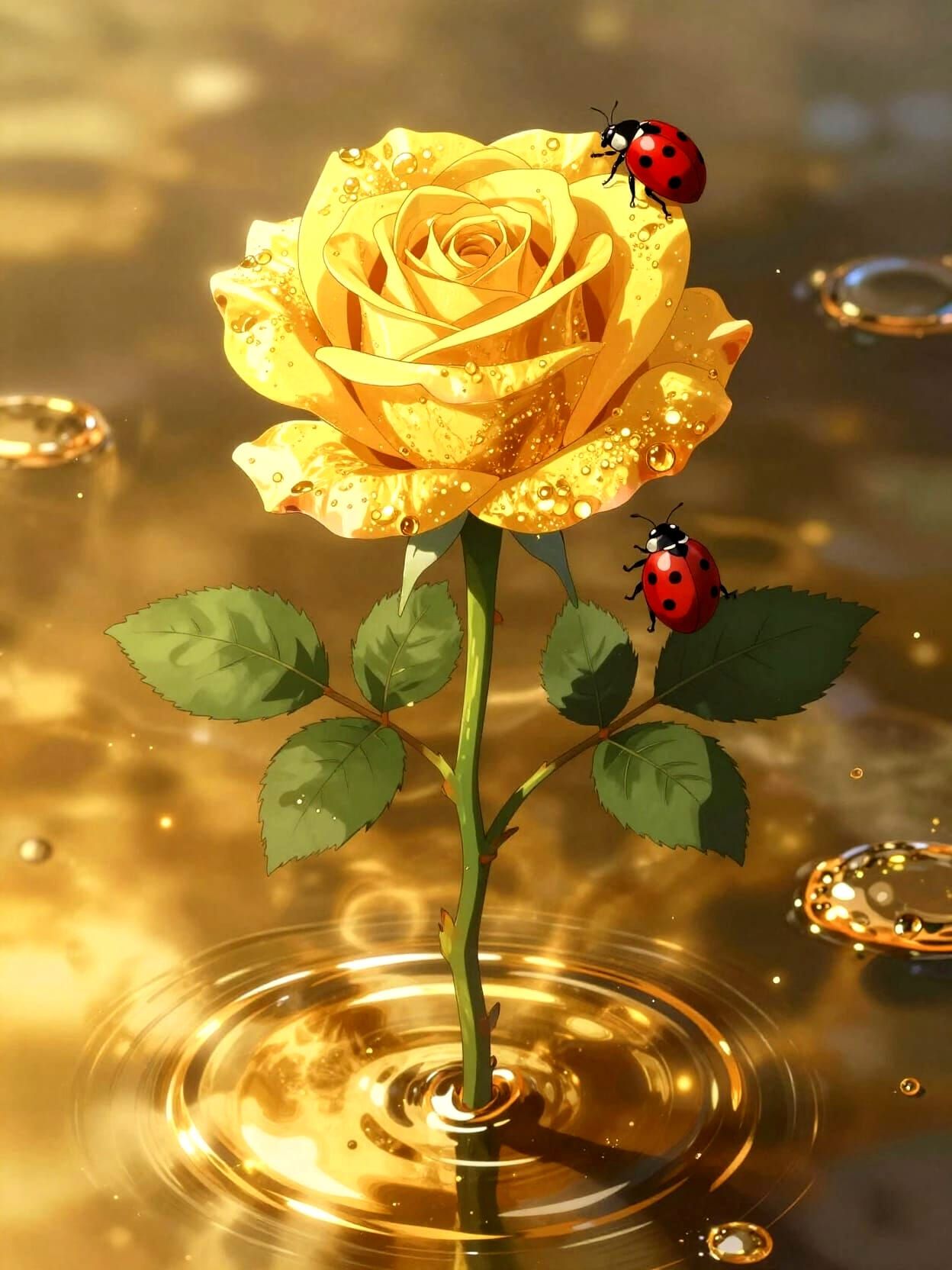 Golden Rose with Ladybug in Gold Puddle