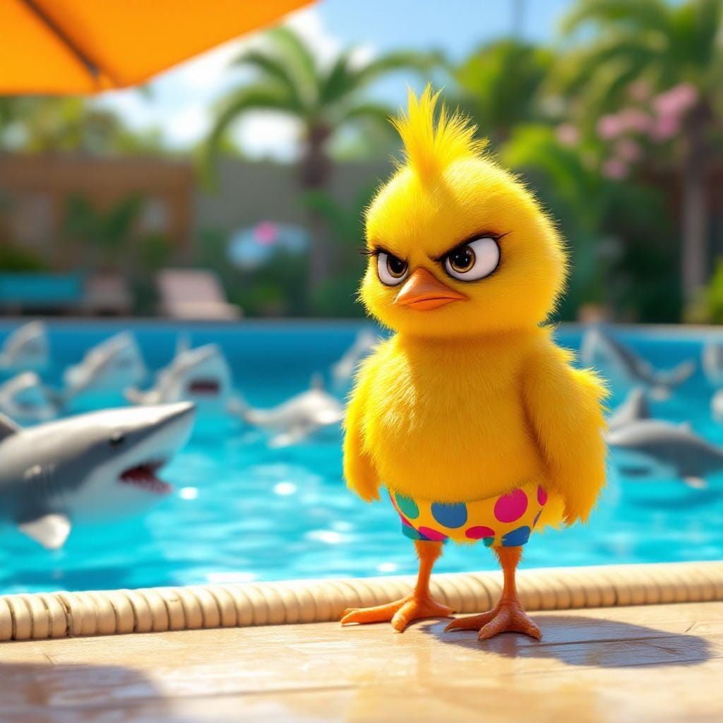 Angry Chick at Shark Pool: Pixar-Style 3D Art