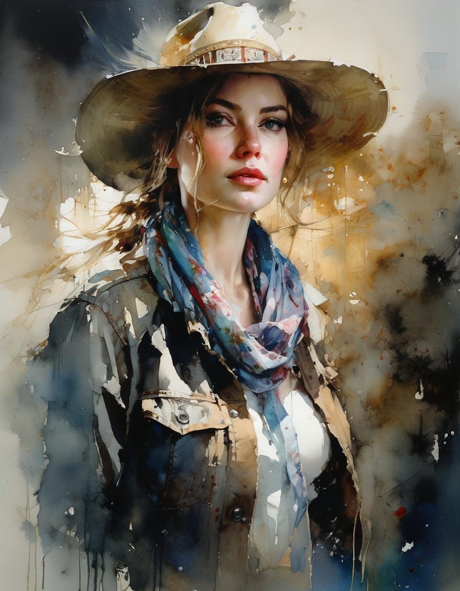 Breezy Watercolor Portrait of Woman in Cowboy Hat
